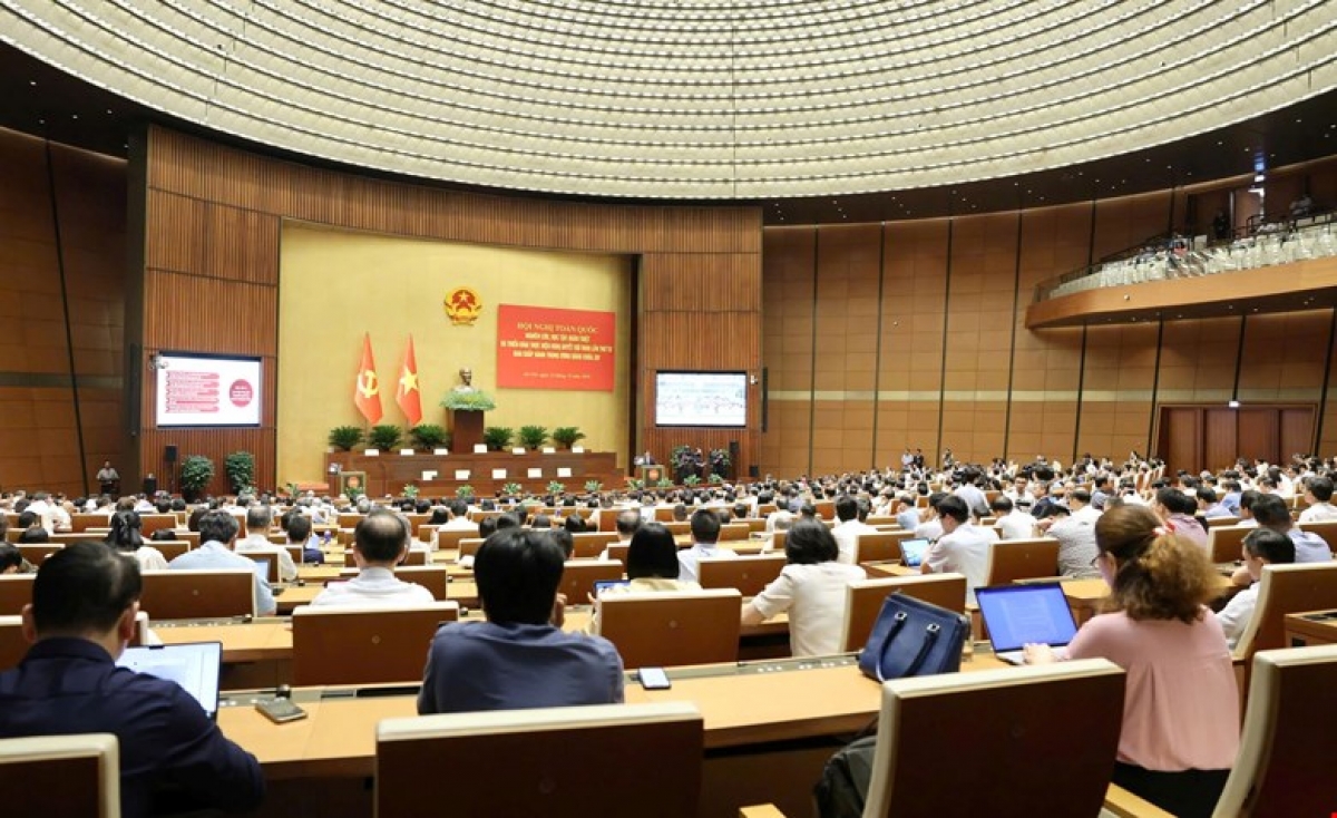 Toàn cảnh Hội nghị toàn quốc nghiên cứu, học tập, quán triệt và triển khai thực hiện Nghị quyết Hội nghị Trung ương 4 khóa XIV  (Ảnh: Cổng thông tin điện tử Quốc hội)