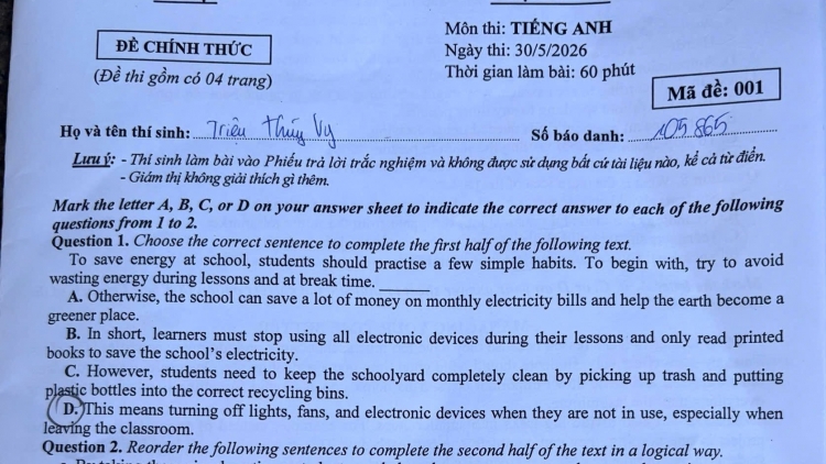 Đề thi và đáp án môn tiếng Anh vào lớp 10 Hà Nội