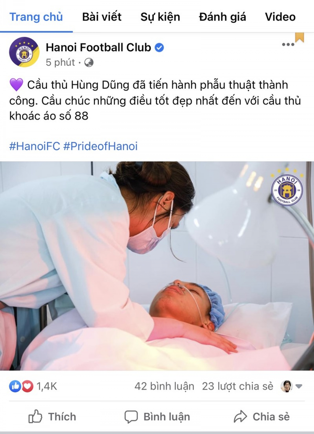 Fanpages CLB Hà Nội thông tin Hùng Dũng phẫu thuật thành công