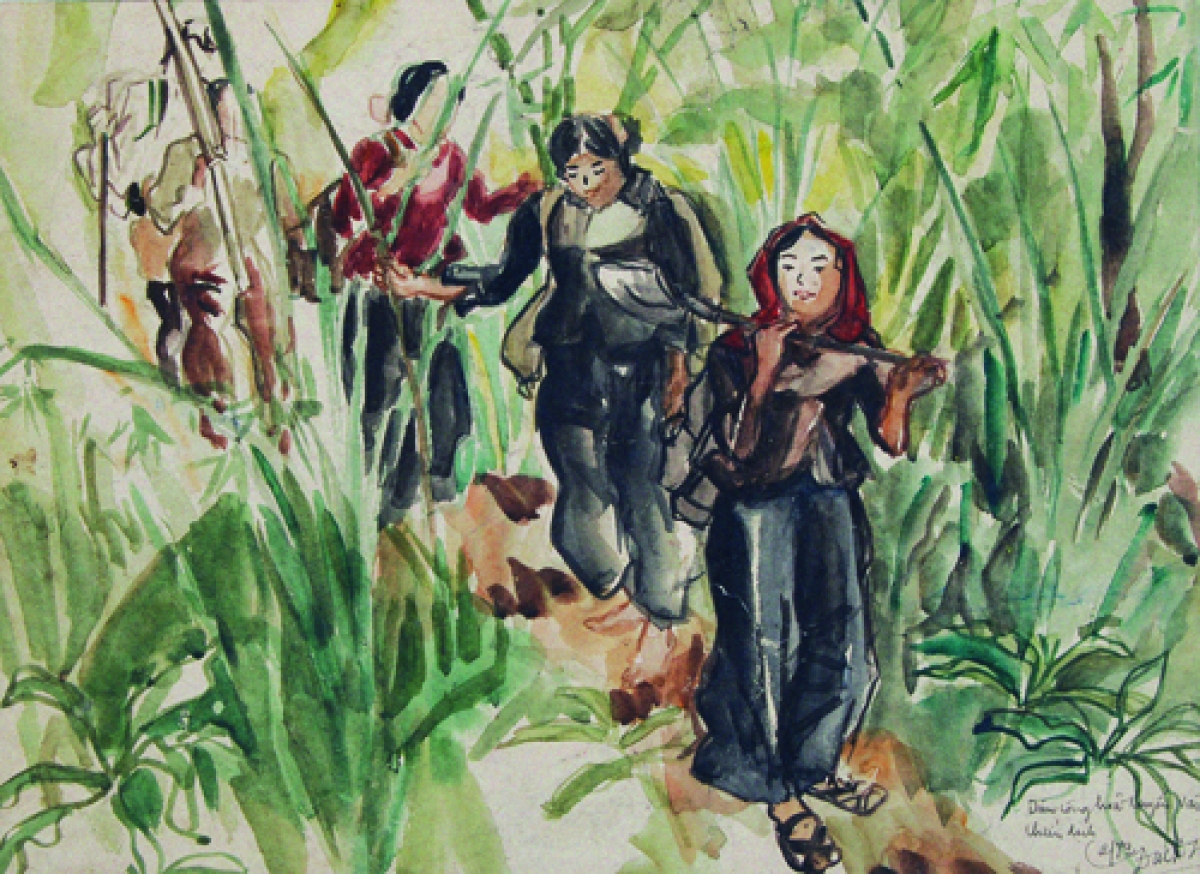 Tác phẩm Dân công hỏa tuyến- chất liệu màu nước, vẽ năm 1972