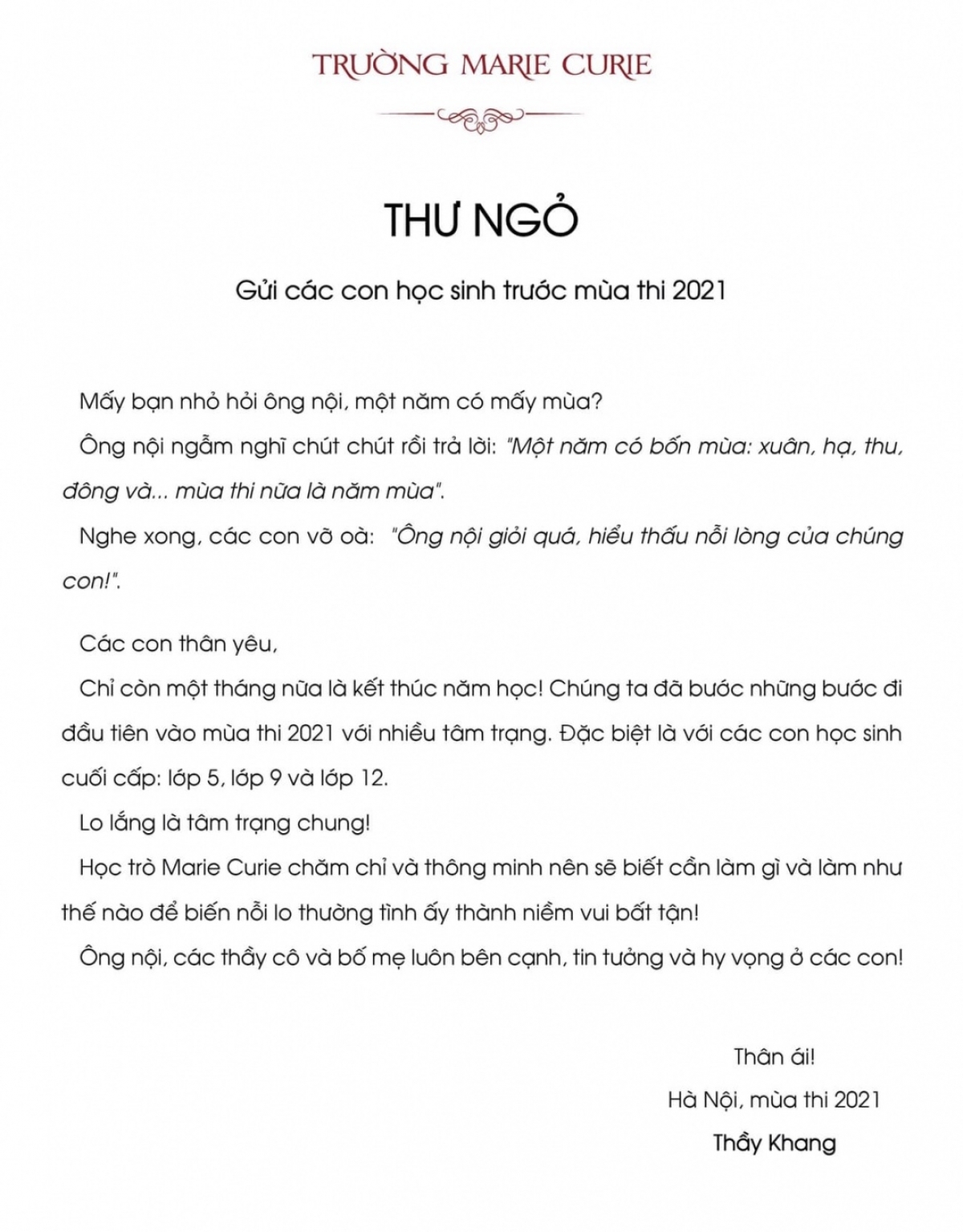 Bức thư ngỏ gây "sốt" cộng đồng mạng của thầy Nguyễn Xuân Khang