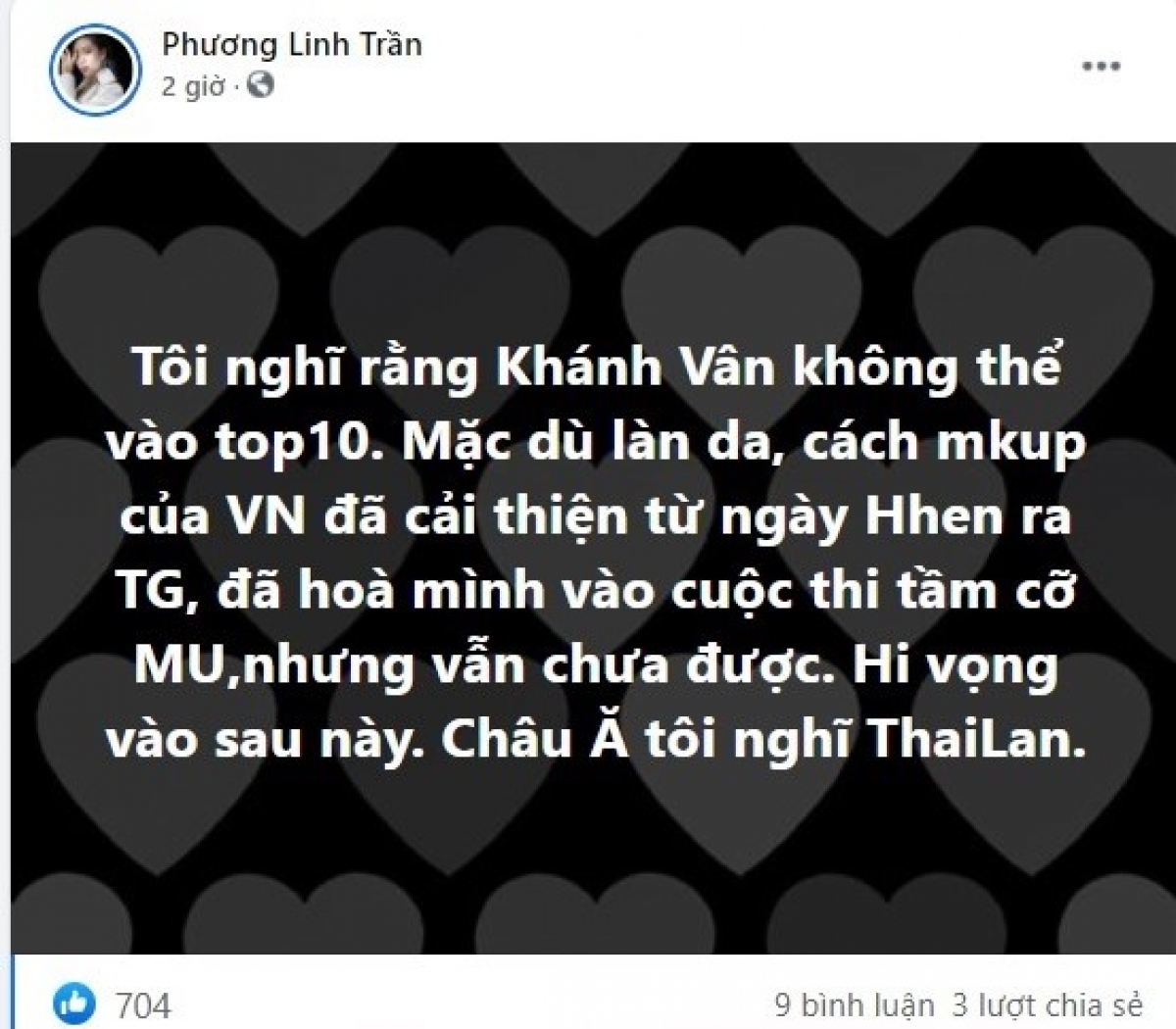 Bài đăng trên trang cá nhân ca sỹ Phương Linh