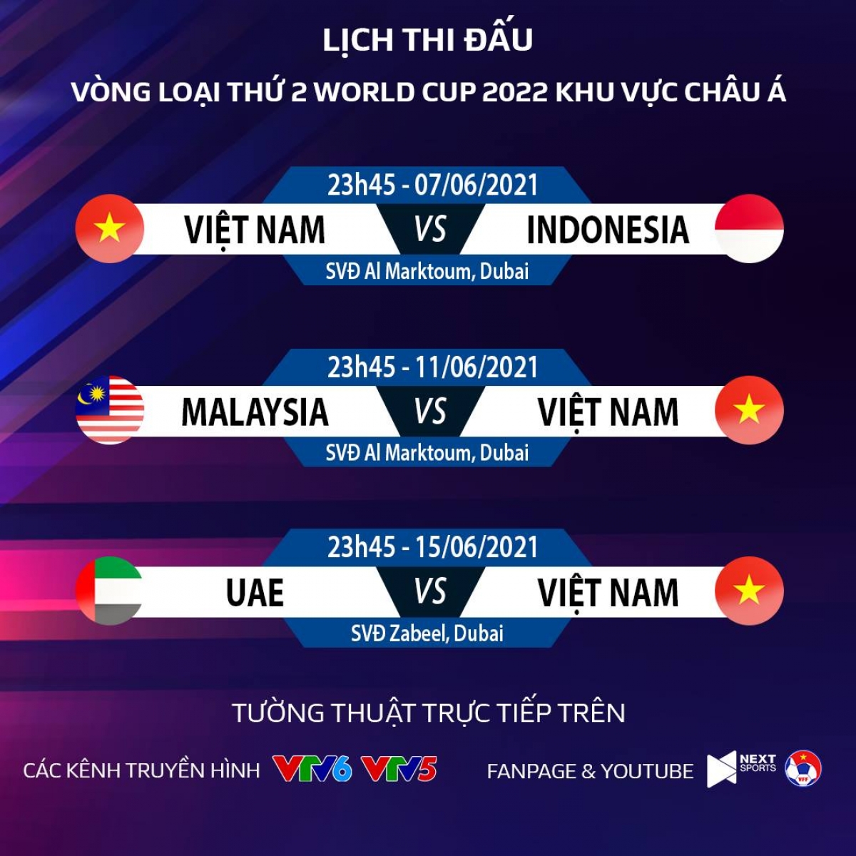 Lịch thi đấu 3 trận còn lại của đội tuyển Việt Nam tại bảng G Vòng loại 2 World Cup 2022 khu vực châu Á