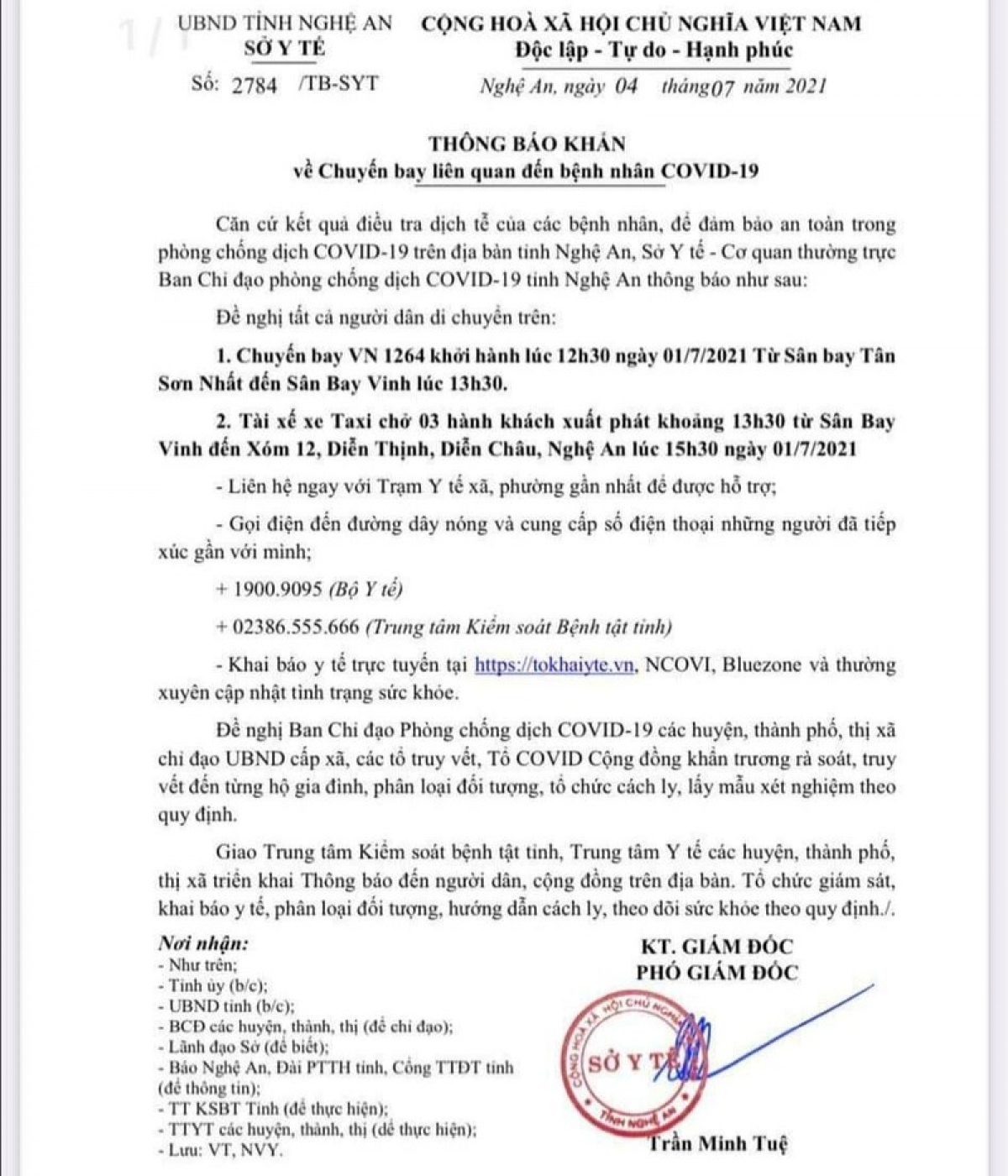 Thông báo khẩn của UBND tỉnh Nghệ An