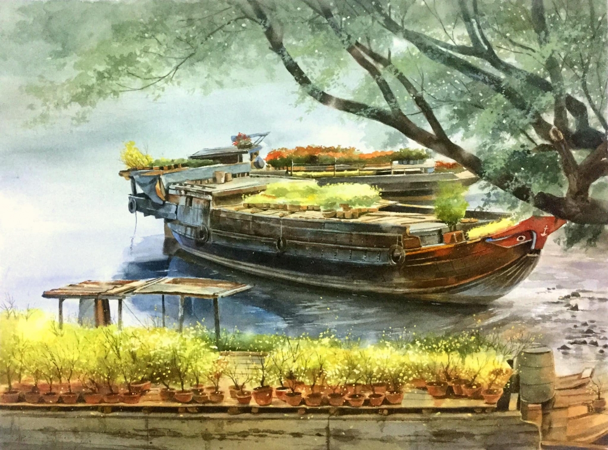 Con thuyền bên bến sông qua nét vẽ sống động, đầy màu sắc của họa sĩ Hoàng Phong.
 