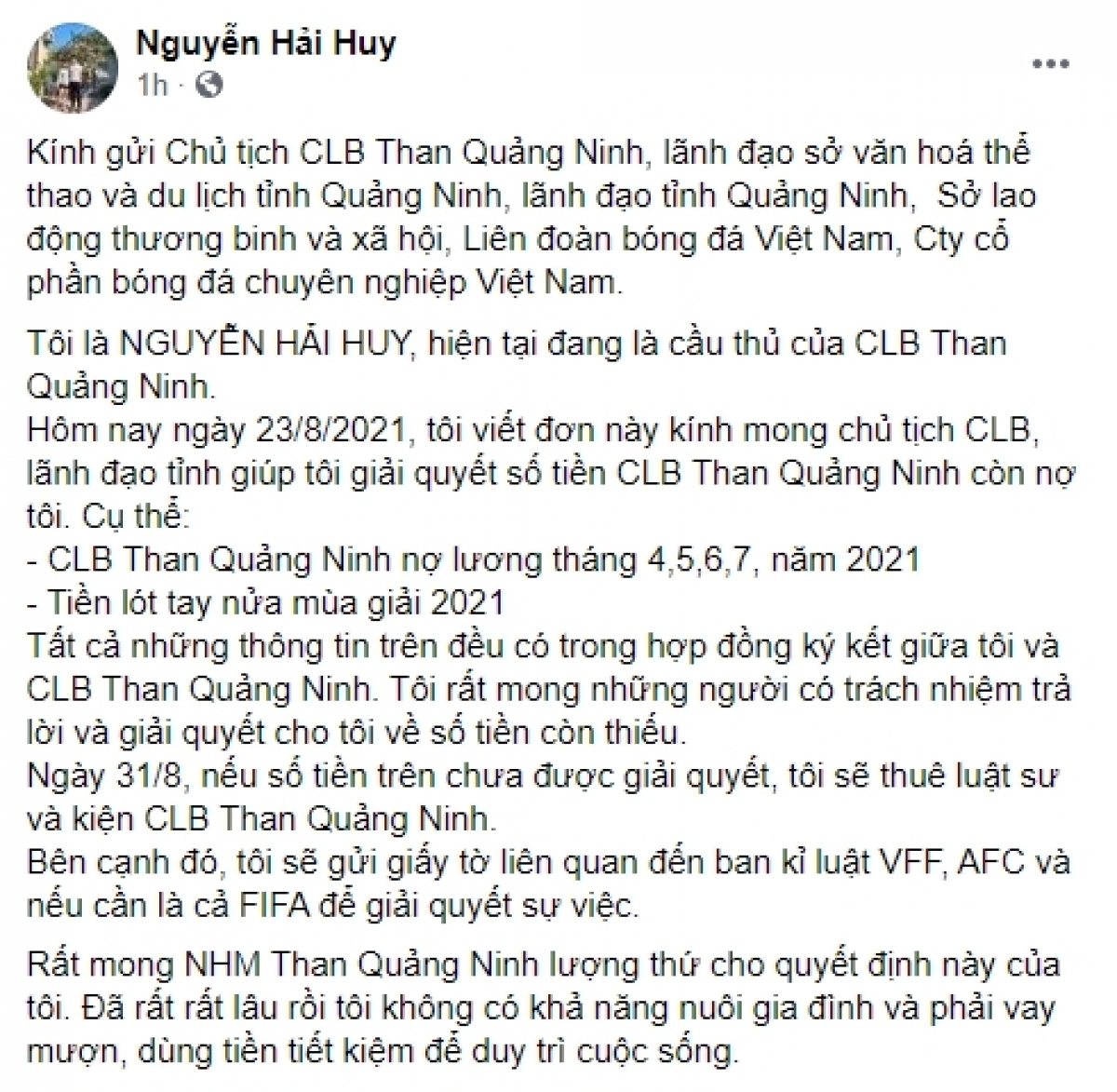 Tâm thư của Hải Huy được viết trên trang facebook cá nhân 