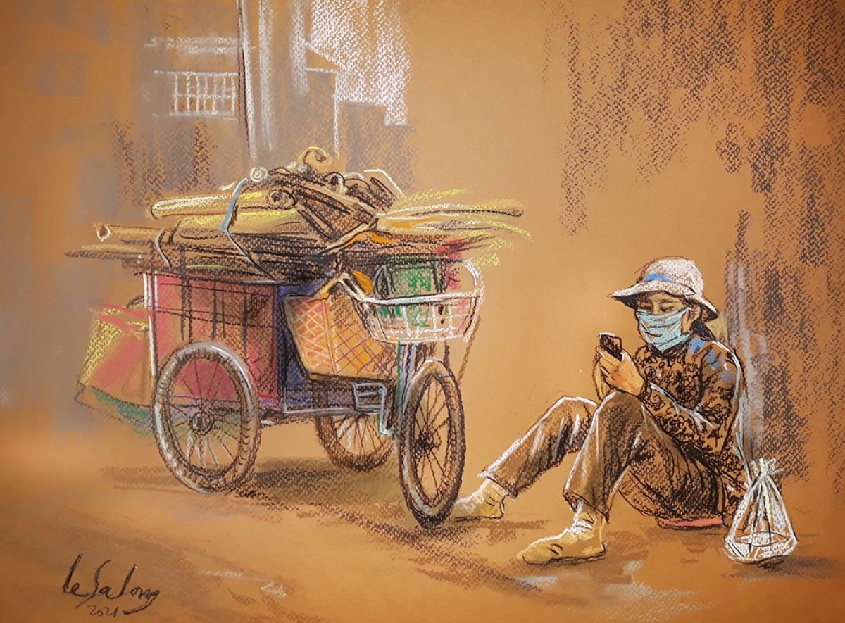 Một tác phẩm trong bộ tranh "Sài Gòn trong thời giãn cách" của họa sĩ Lê Sa Long