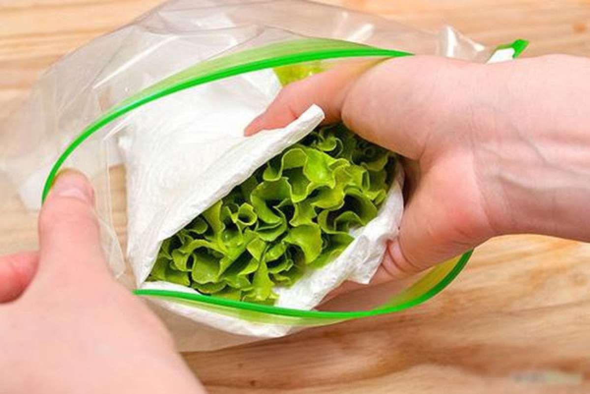Bọc một lớp giấy hút ẩm trước khi cho rau vào túi hoặc hộp đựng thực phẩm sẽ giúp rau tươi lâu hơn