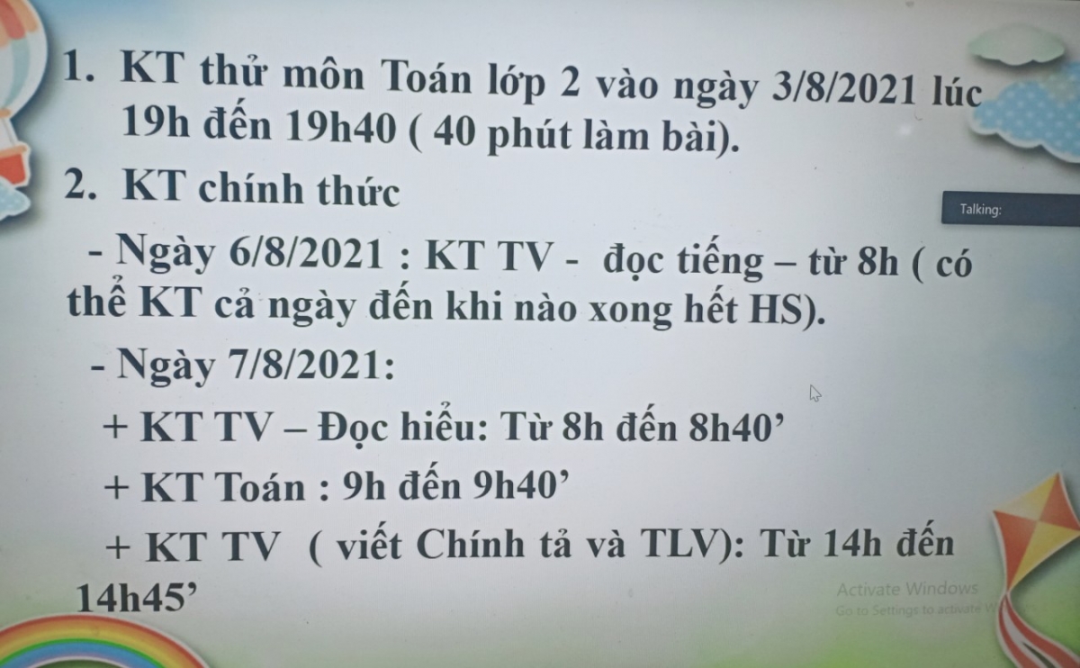 Lịch thi trực tuyến lớp 2 của một trường Tiểu học ở Hà Nội