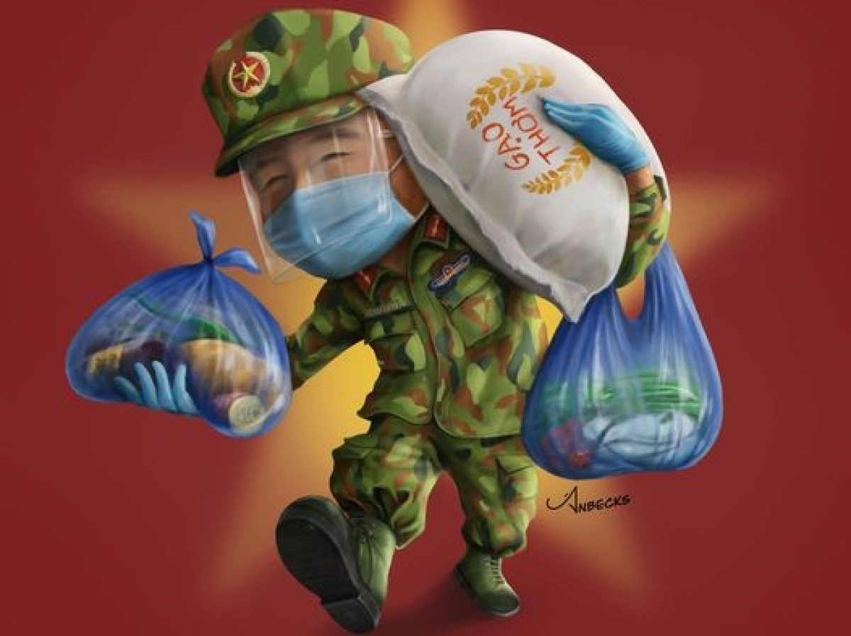 Bức vẽ của anh Thái Hà An (nickname Anbecks, 36 tuổi, ở Hà Nội muốn lan toả điều tích cực và gửi lời động viên đến lực lượng chống dịch