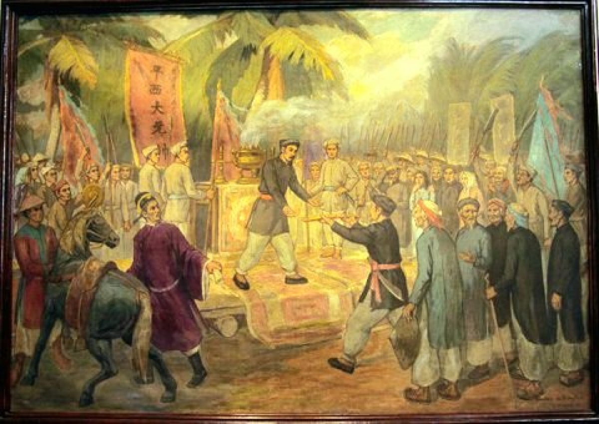 Bức tranh "Nhân dân suy tôn Trương Định làm Bình Tây Đại Nguyên Soái" trưng bày tại Bảo tàng Lịch sử Quốc gia. Nguồn: Internet