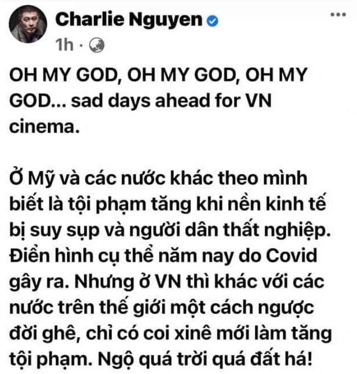 Chia sẻ trên trang cá nhân đạo diễn Charlie Nguyễn. Ảnh: FBNV