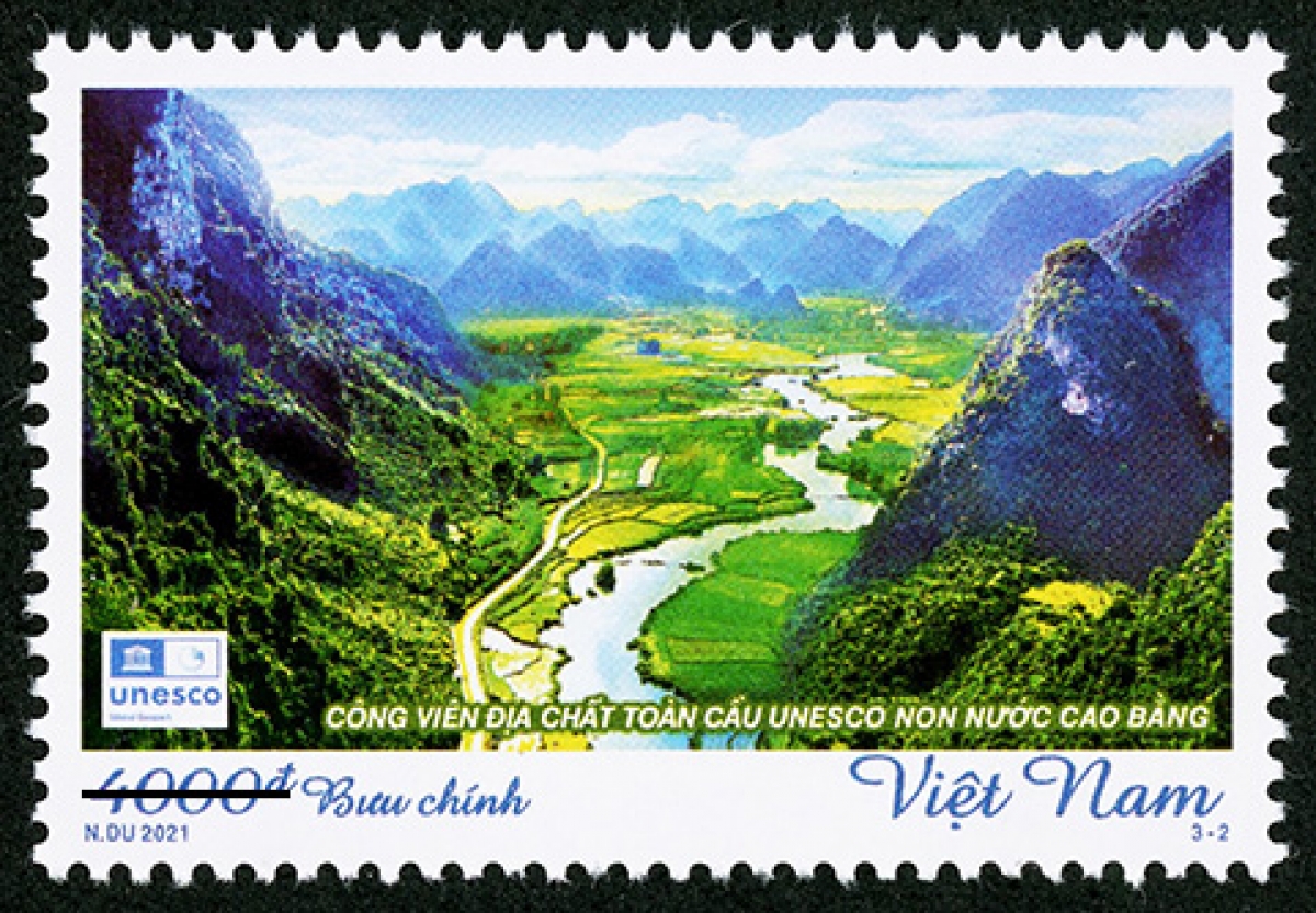 Mẫu tem giới thiệu "Công viên địa chất toàn cầu UNESCO non nước Cao Bằng" được UNESCO công nhận ngày 12/4/2018, công viên có diện tích hơn 3.275 km² nằm tại vùng đất địa đầu của Việt Nam thuộc tỉnh Cao Bằng, bao gồm các huyện Hà Quảng, Trà Lĩnh, Quảng Uyên, Trùng Khánh, Hạ Lang, Phục Hòa và một phần diện tích của các huyện Hòa An, Nguyên Bình và Thạch An. Đây là nơi sinh sống của hơn 250.000 người thuộc 9 dân tộc của Việt Nam như Tày, Nùng, H'Mông, Kinh, Dao, Sán Chay.
