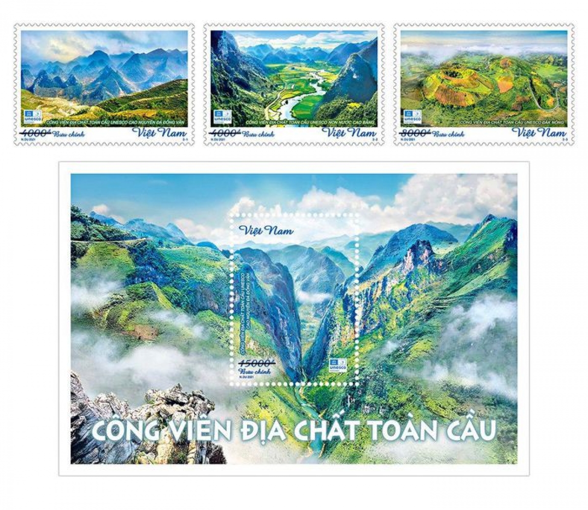 Bộ tem "Công viên địa chất toàn cầu" gồm 3 mẫu tem và 1 blốc
 