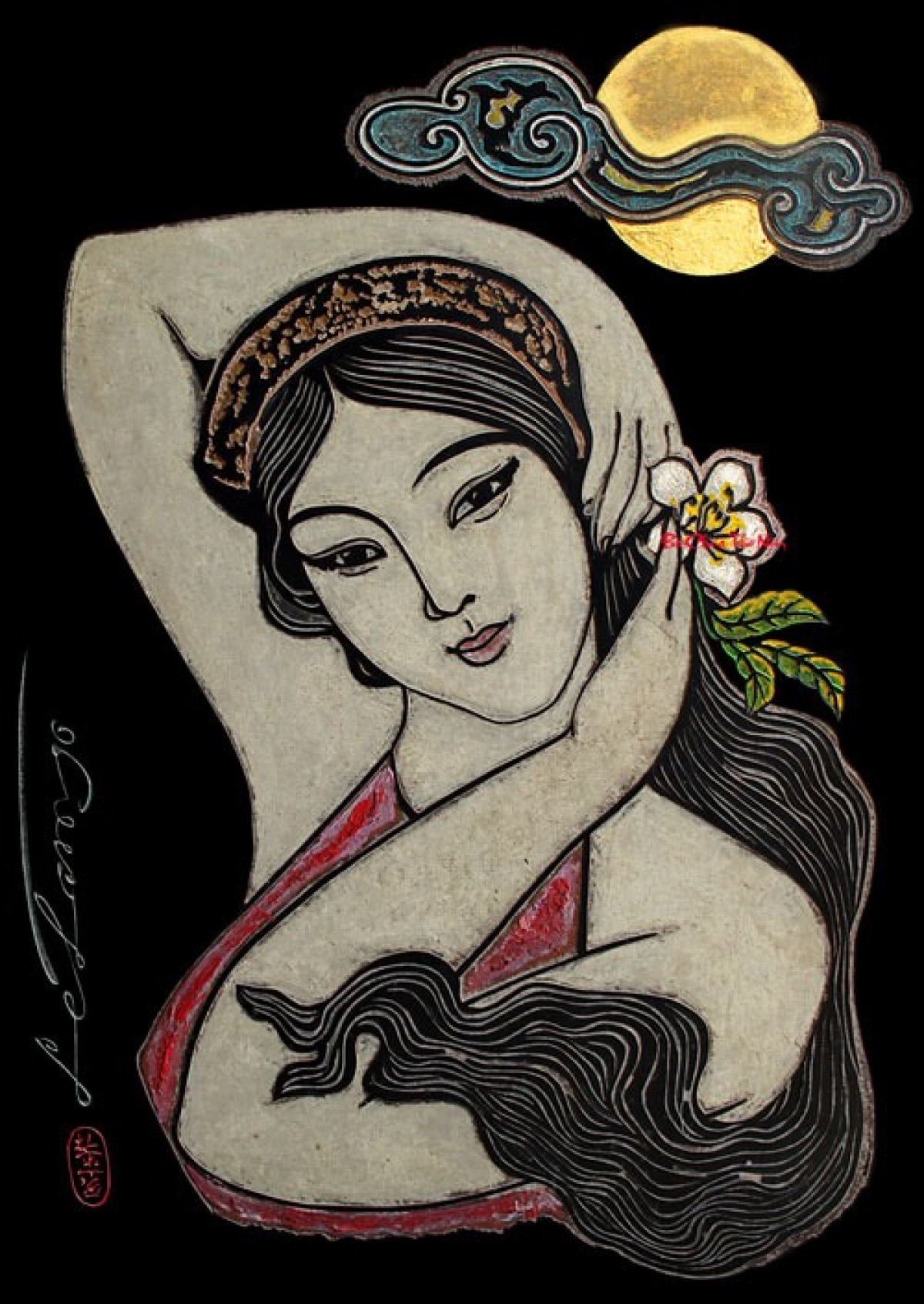 Tranh vẽ chân dung nữ sĩ Hồ Xuân Hương của họa sĩ Lê Lam. Ảnh: Internet