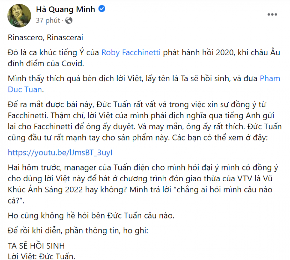 Status của nhạc sỹ Hà Quang Minh. Ảnh: chụp màn hình facebook nhân vật