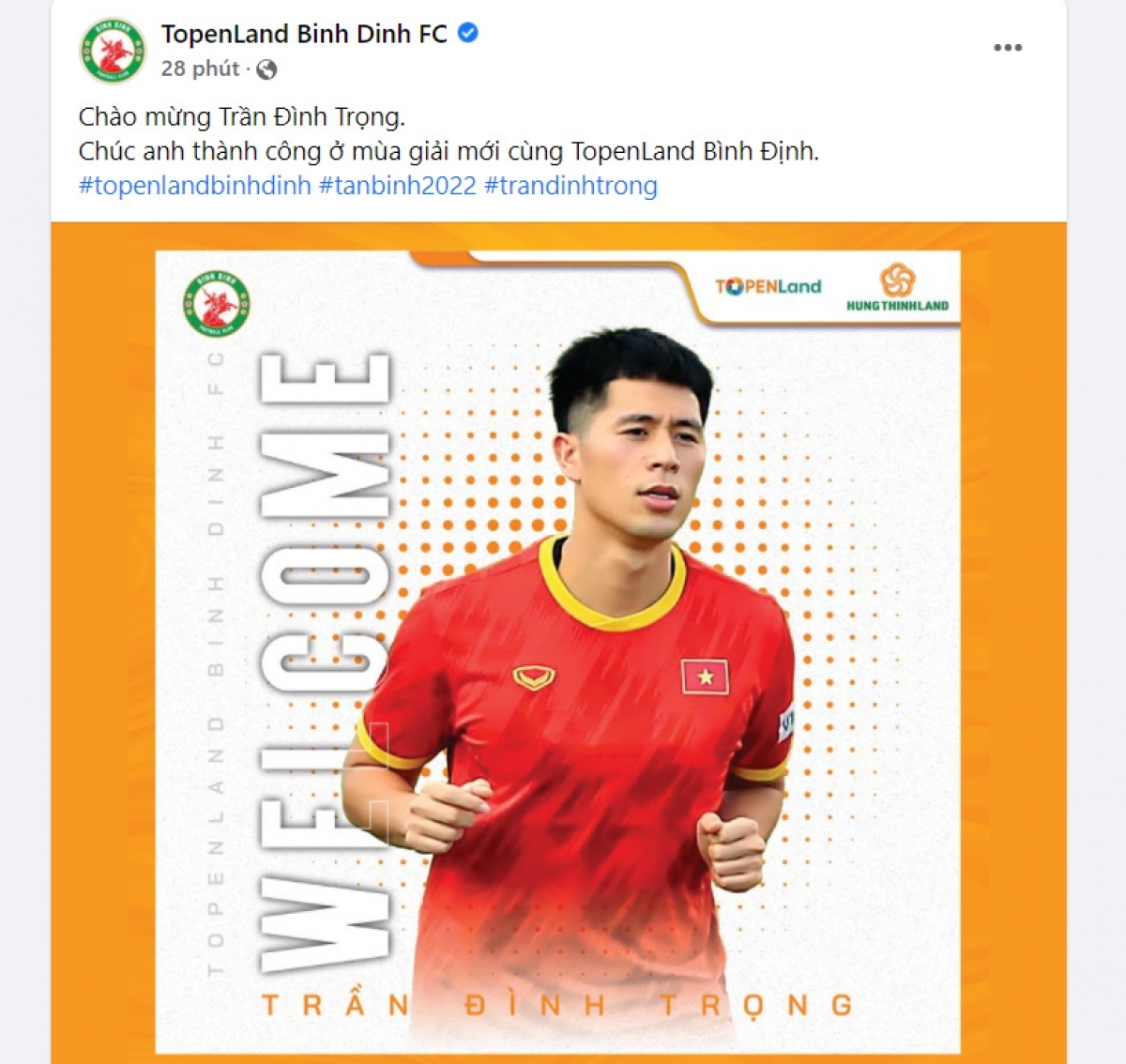 CLB Bình Định đã chính thức chiêu mộ thành công trung vệ Trần Đình Trọng.