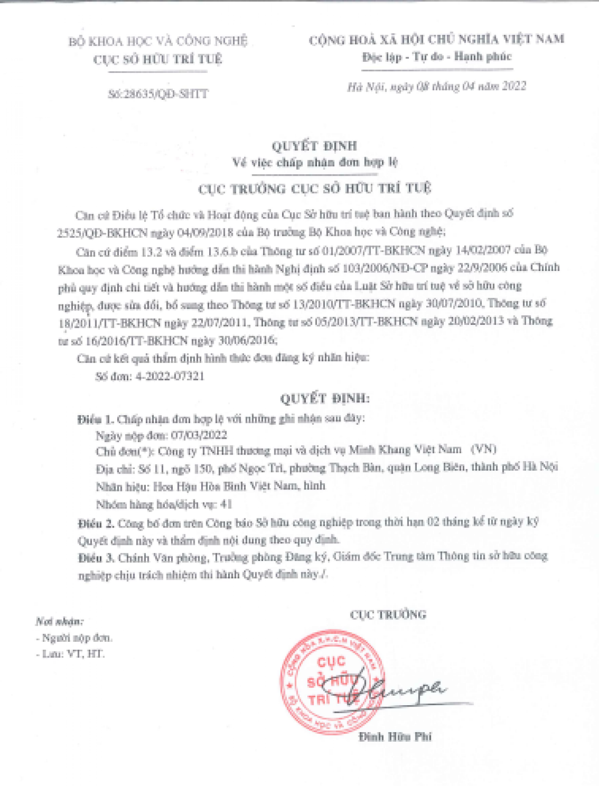 Quyết định do Cục trưởng Cục Sở hữu Trí tuệ ký ngày 8/4/2022 về việc chấp nhận đơn hợp lệ 6 nhãn hiệu kèm hình của công ty Minh Khang