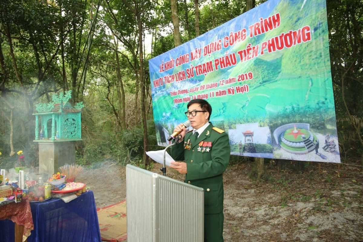 Cựu chiến binh Hà Đăng Ninh phát biểu tại lễ khởi công di tích lịch sử trạm phẫu tiền phương