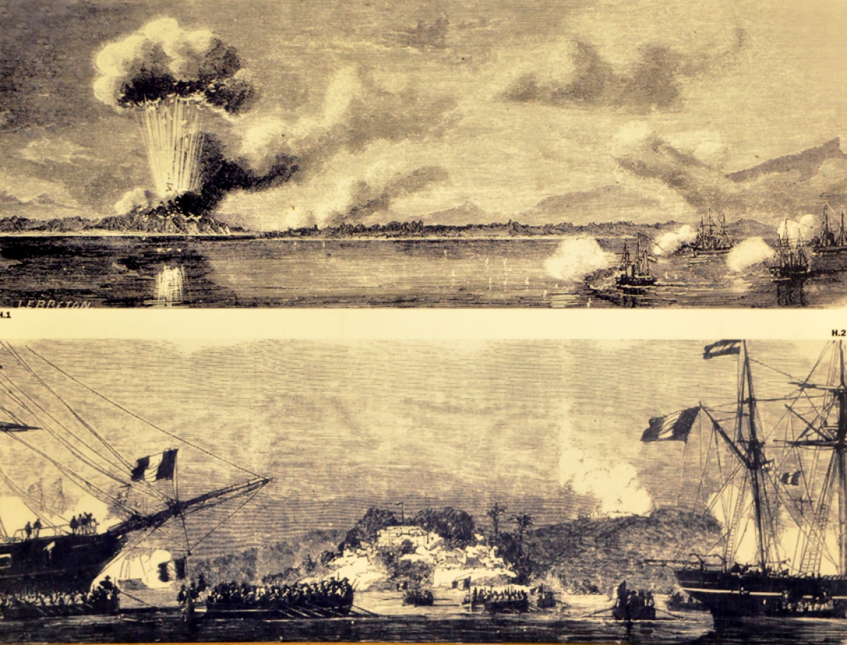 Hình ảnh liên quân Pháp - Tây Ban Nha tấn công Đà Nẵng năm 1858 được ký họa và hiện đang lưu giữ tại Bảo tàng Đà Nẵng. Ảnh: Internet