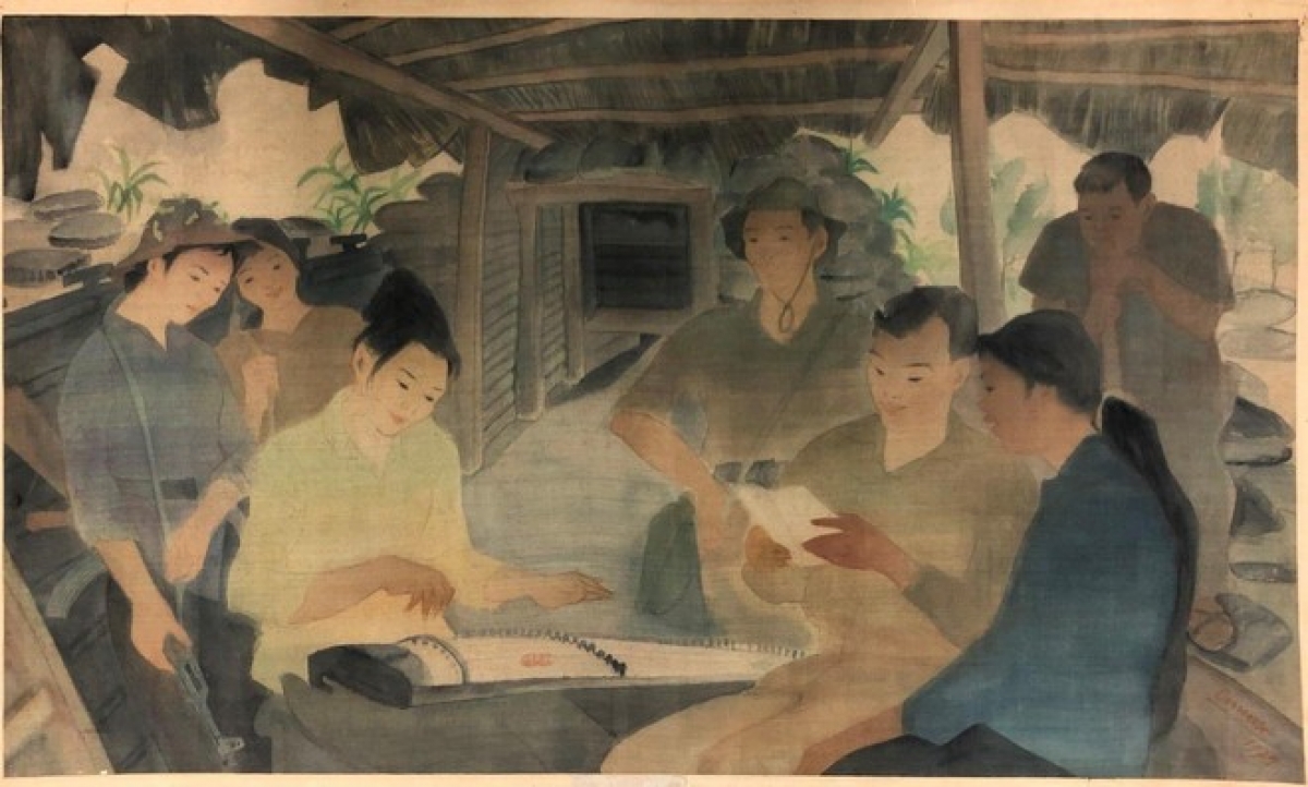 “Trong lán dân quân”, tranh lụa của tác giả Nguyễn Văn Chung
 