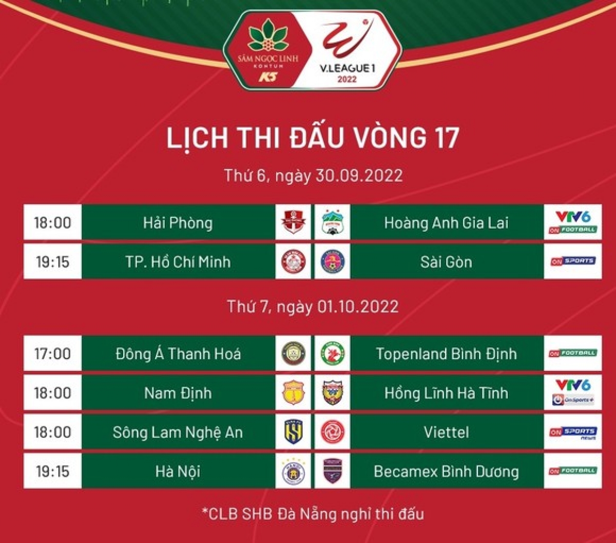 Lịch thi đấu vòng 17 V.League 2022