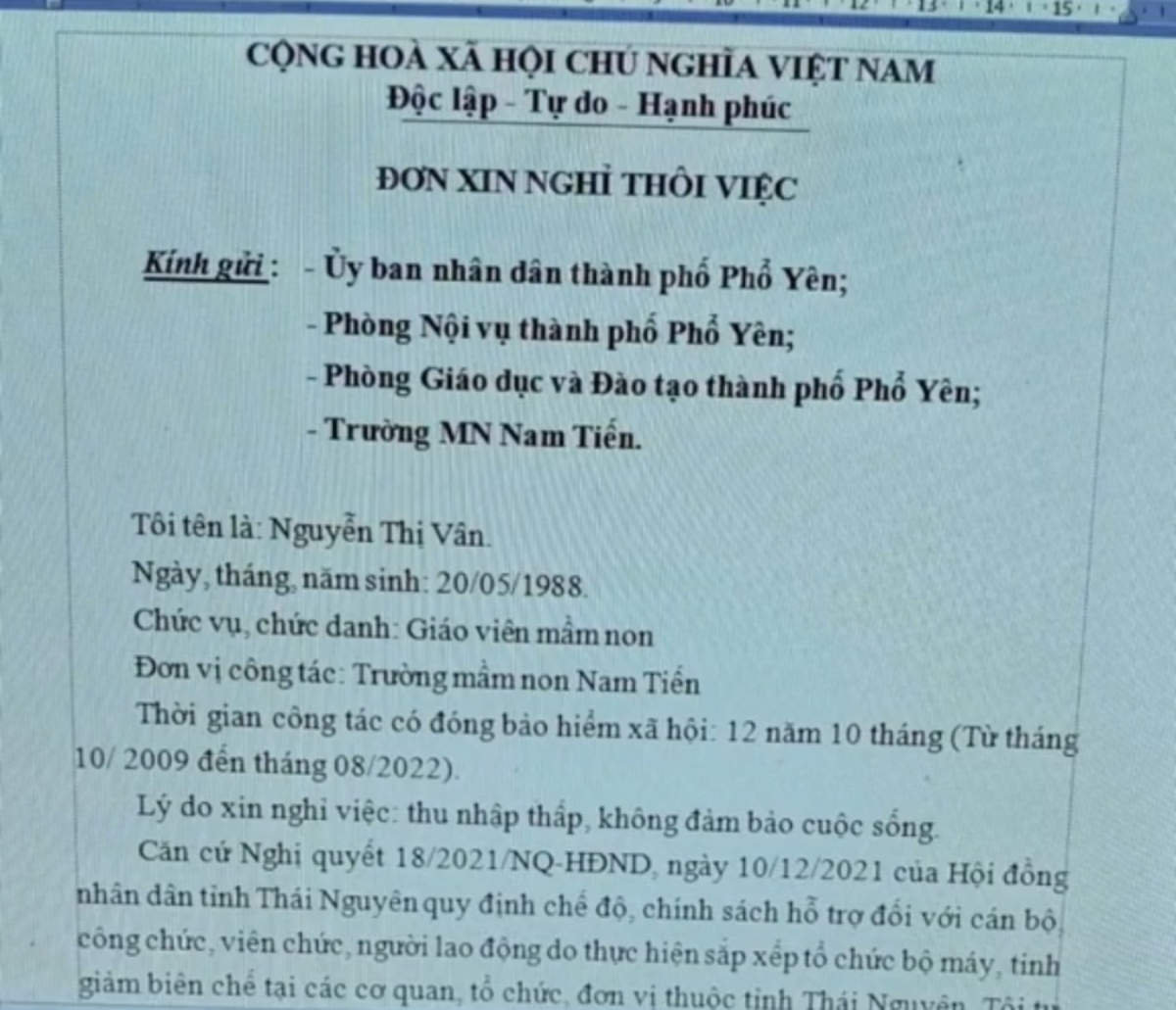 Đơn xin nghỉ việc của cô giáo Nguyễn Thị Vân (xã Nam Tiến, Phổ Yên,Thái Nguyên)