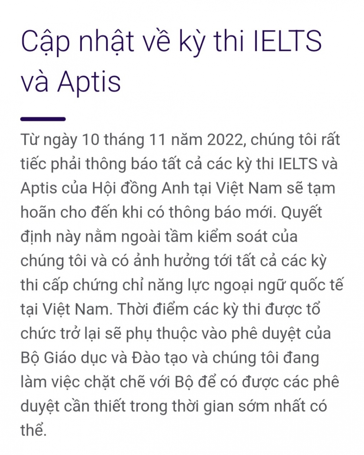 Thông báo của Hội đồng Anh về việc tạm hoãn tất cả kỳ thi IELTS và Aptis tại Việt Nam từ 10/11