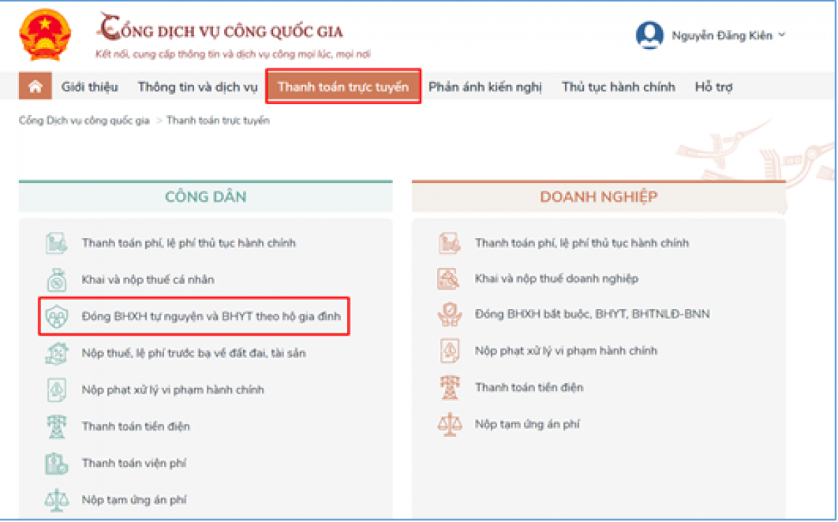 Trên Menu ở Trang chủ, bạn chọn "Thanh toán trực tuyến" rồi chọn "Đóng BHXH tự nguyện và BHYT theo hộ gia đình".