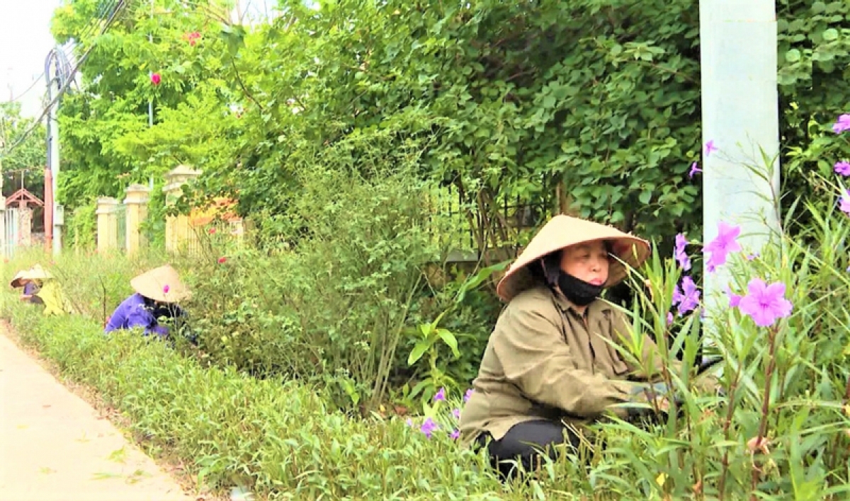 Bà Trần Thị Huệ cùng người dân xã Yên Mỹ chăm sóc các tuyến đường hoa.