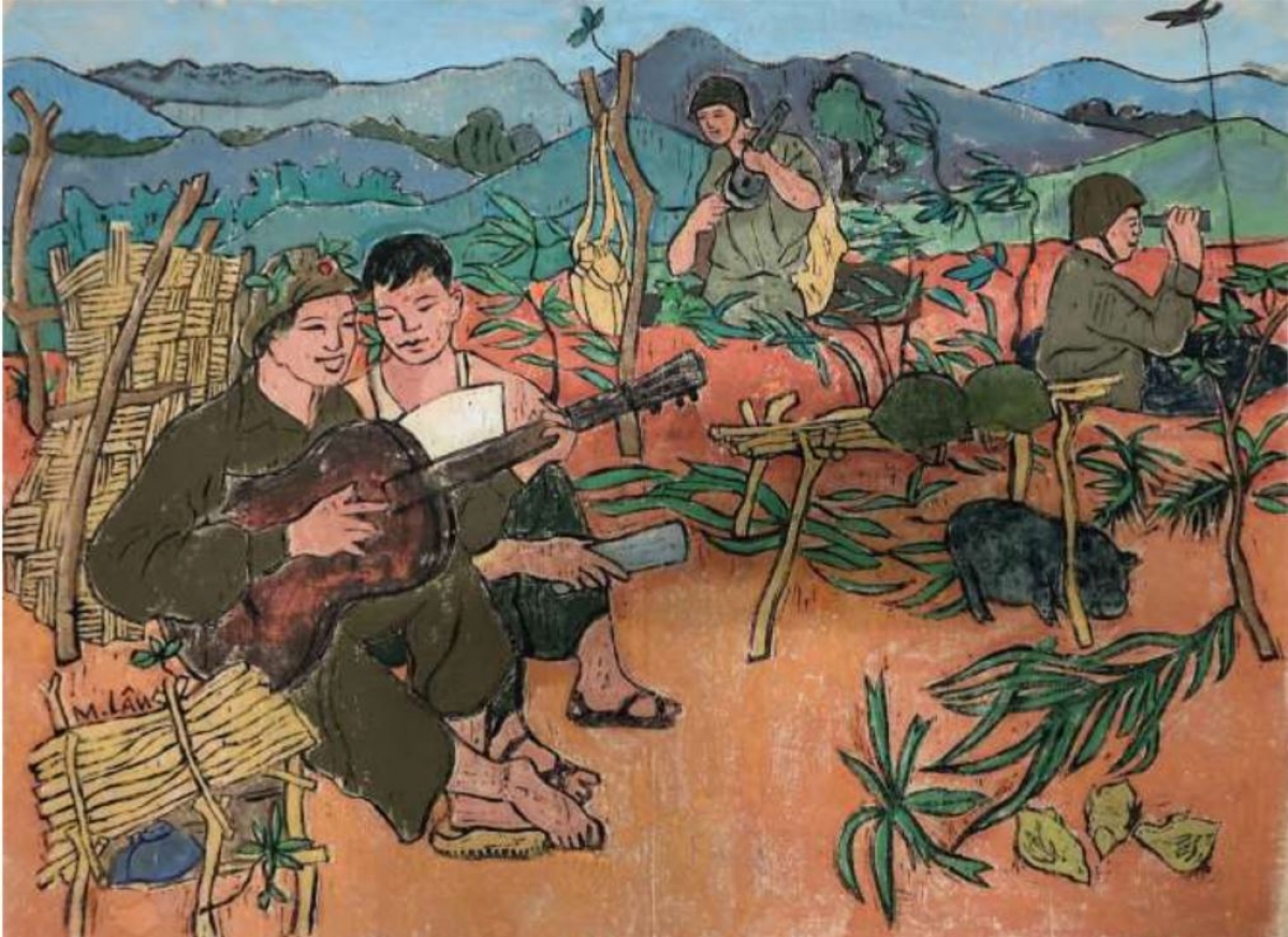 Tác phẩm khắc gỗ Giờ trực chiến, tác giả Mai Lâm sáng tác năm 1972