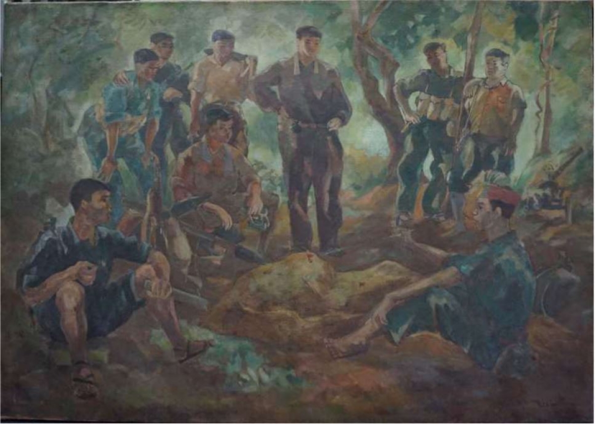 Tác phẩm sơn dầu Giữa hai trận đánh, tác giả Hoàng Đình Tài sáng tác năm 1974