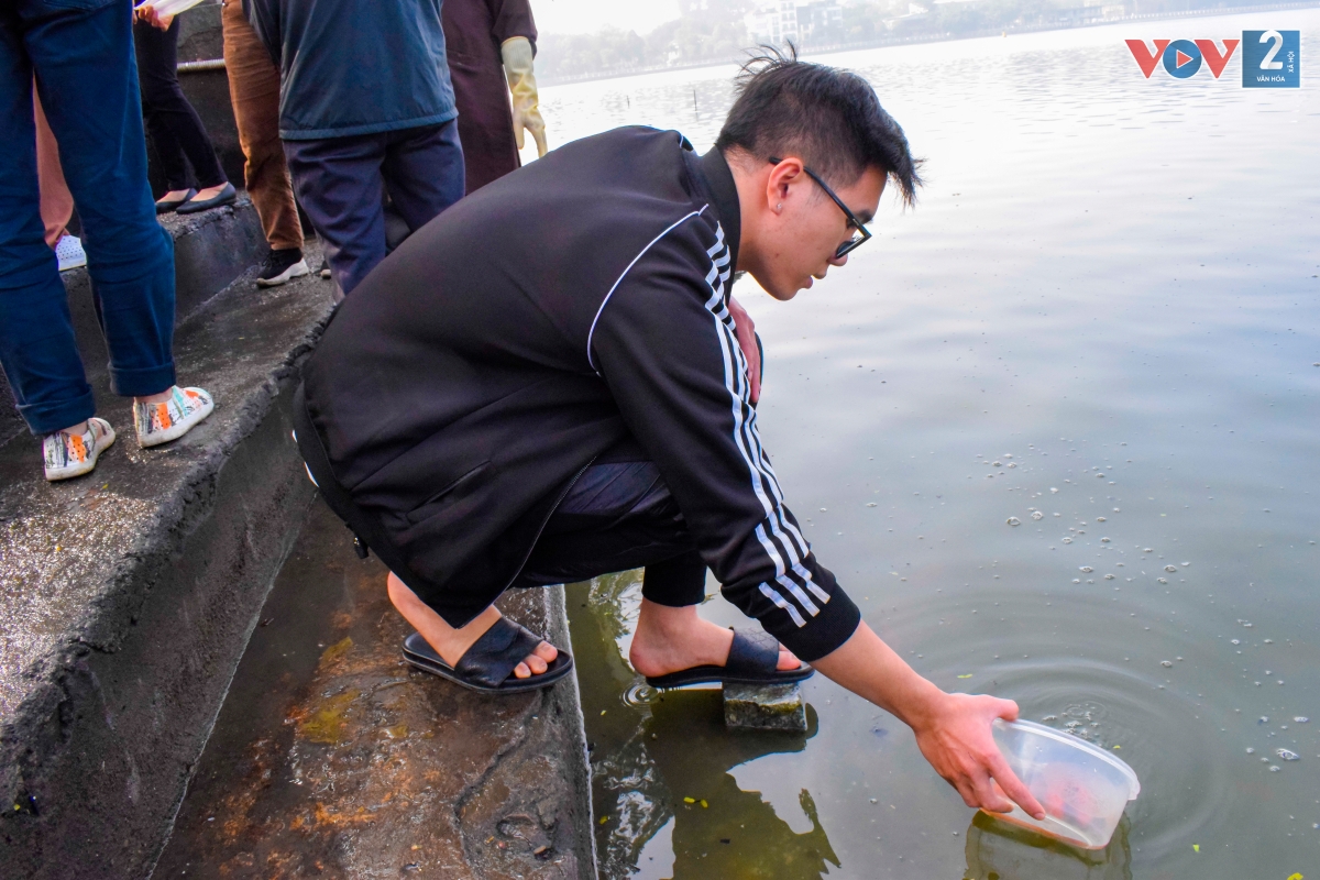 Tại Hồ Tây (Hà Nội), nhiều người mang cá chép đến thả để tiễn ông Công ông Táo về trời. Đa phần người dân đều có ý thức khi chỉ phóng sinh cá, không vứt túi ni lông xuống hồ.