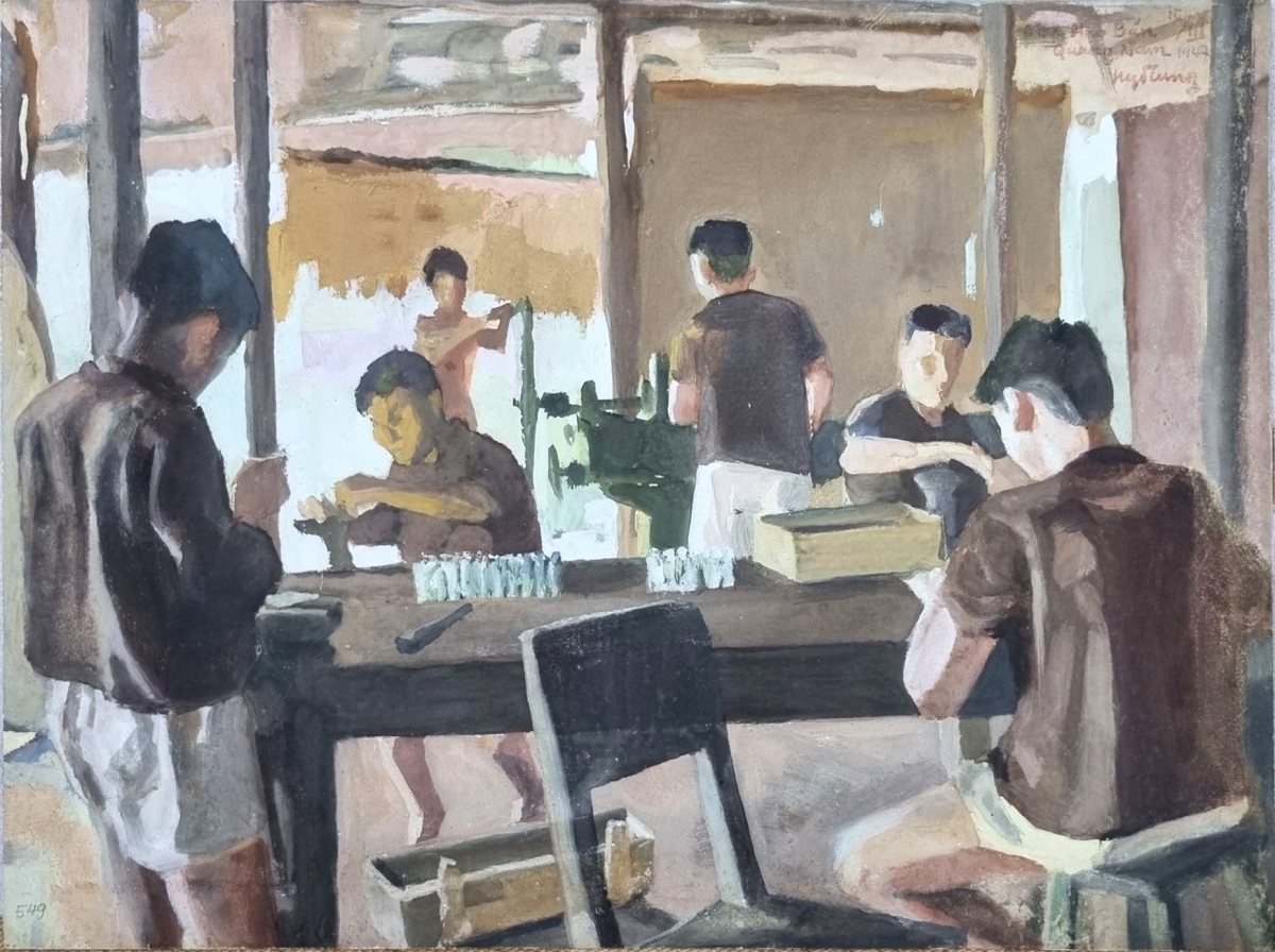 Tác phẩm "Làm kíp lựu đạn" được họa sĩ Nguyễn Đỗ Cung sáng tác năm 1947.