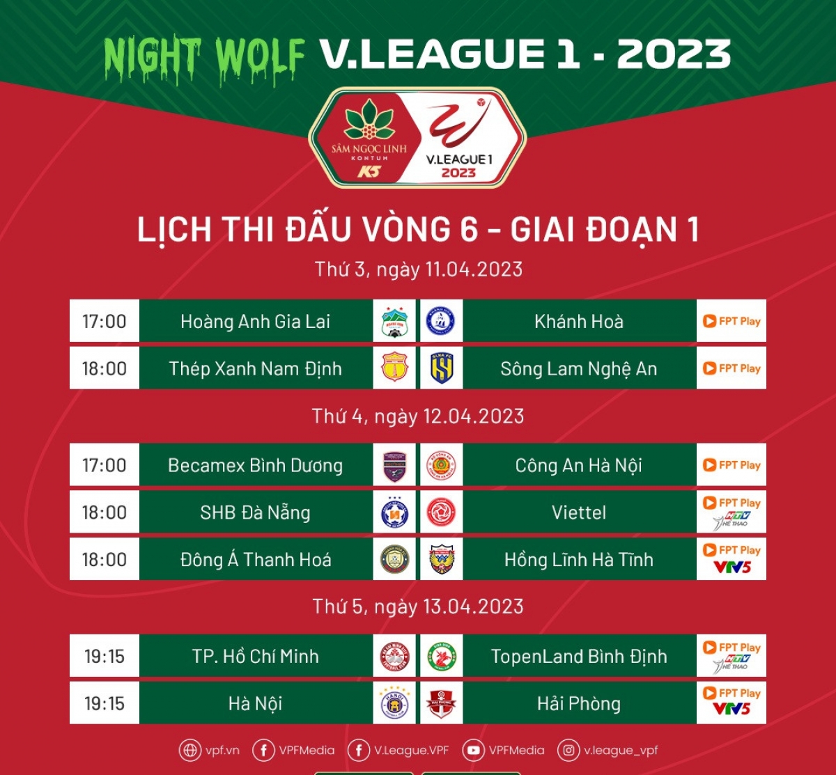                                          Lịch thi đấu vòng 6 Night Wolf V-League 1 2023