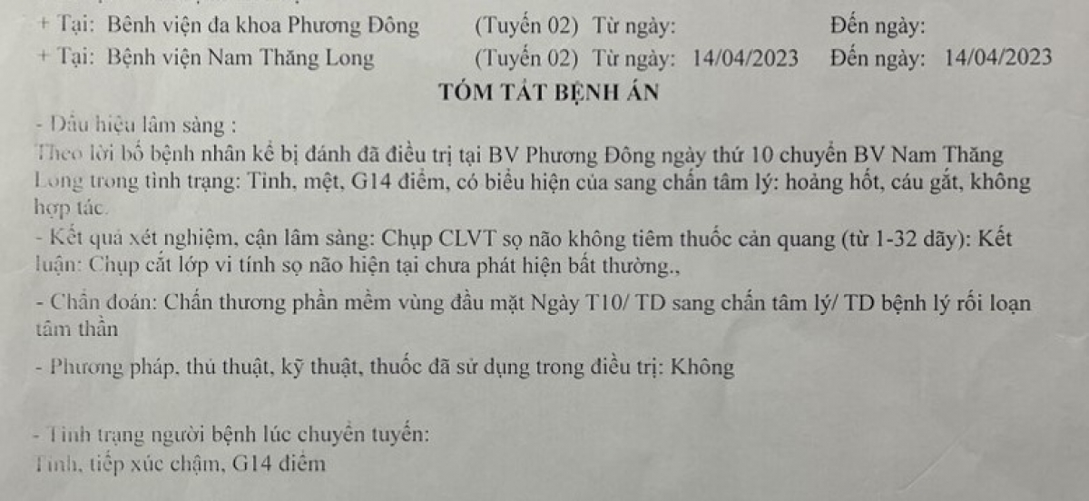 Phiếu chuyển viện của Bệnh viện Nam Thăng Long có chẩn đoán em G.T.C bị sang chấn tâm lý