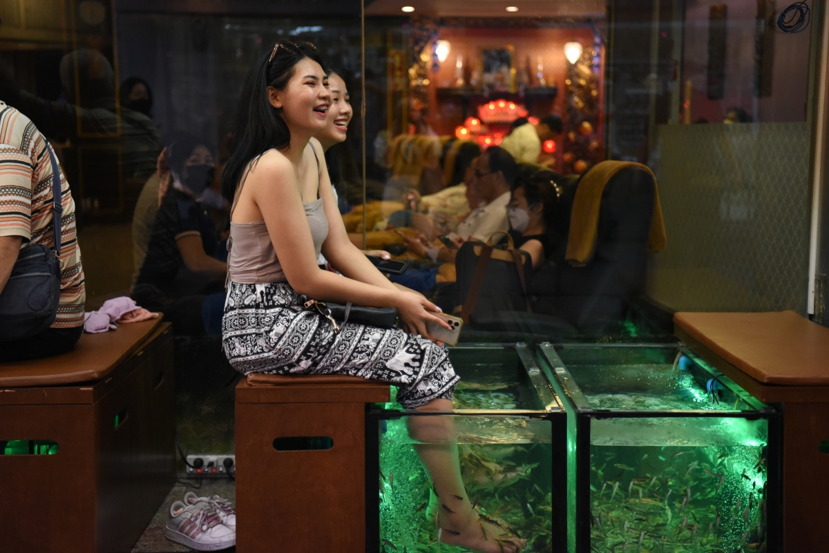 Sau khi đi bộ thưởng thức ẩm thực, du khách có thể thư giãn với massage chân bằng cá