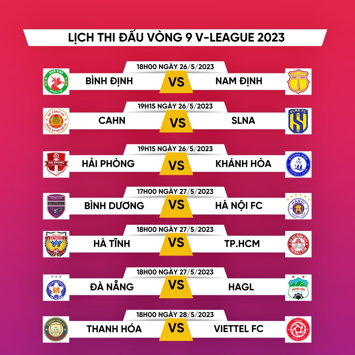 Lịch thi đấu vòng 9 V.League 2023