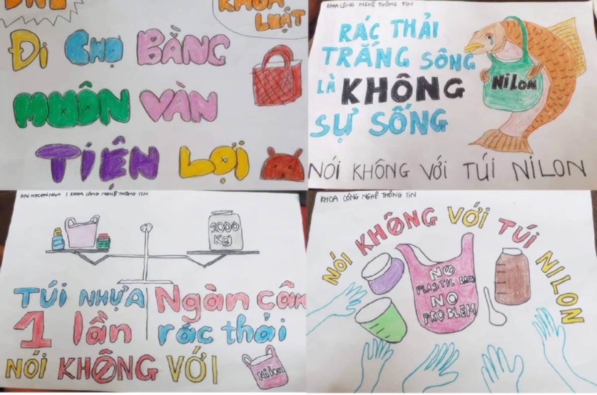 Các bạn trẻ tự tay vẽ các poster kêu gọi nói không với túi nilon và đồ nhựa sử dụng 1 lần.