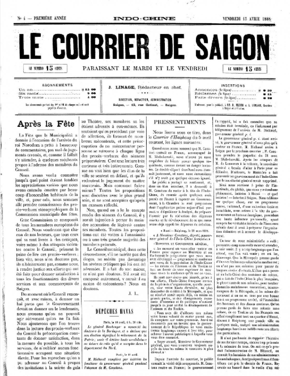 Tờ Le Courrier de Saigon - Tây Cống nhựt báo. (Nguồn: Thư viện Quốc gia Pháp)