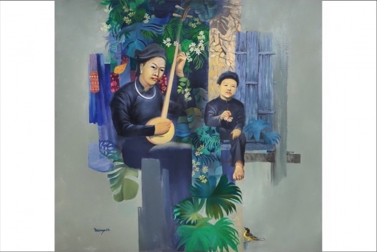 Tác phẩm "Bên hiên nhà" của họa sĩ Dương Văn Chung trên chất liệu sơn dầu