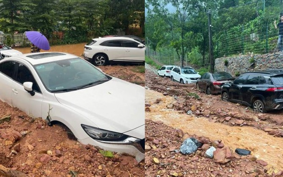 Sạt lở đất ở hồ Ban Tiện, xã Minh Phú, huyện Sóc Sơn, Hà Nội ngày 4/8 khiến nhiều ô tô bị mắc kẹt trong bùn đất (Ảnh KT)