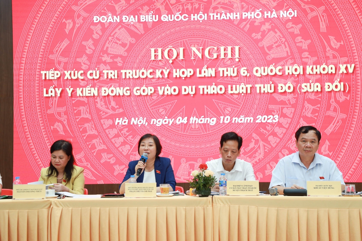 Phó Trưởng đoàn chuyên trách Đoàn đại biểu Quốc hội TP. Hà Nội Phạm Thị Thanh Mai( người thứ hai từ trái sang )  và các ĐBQH chủ trì hội nghị