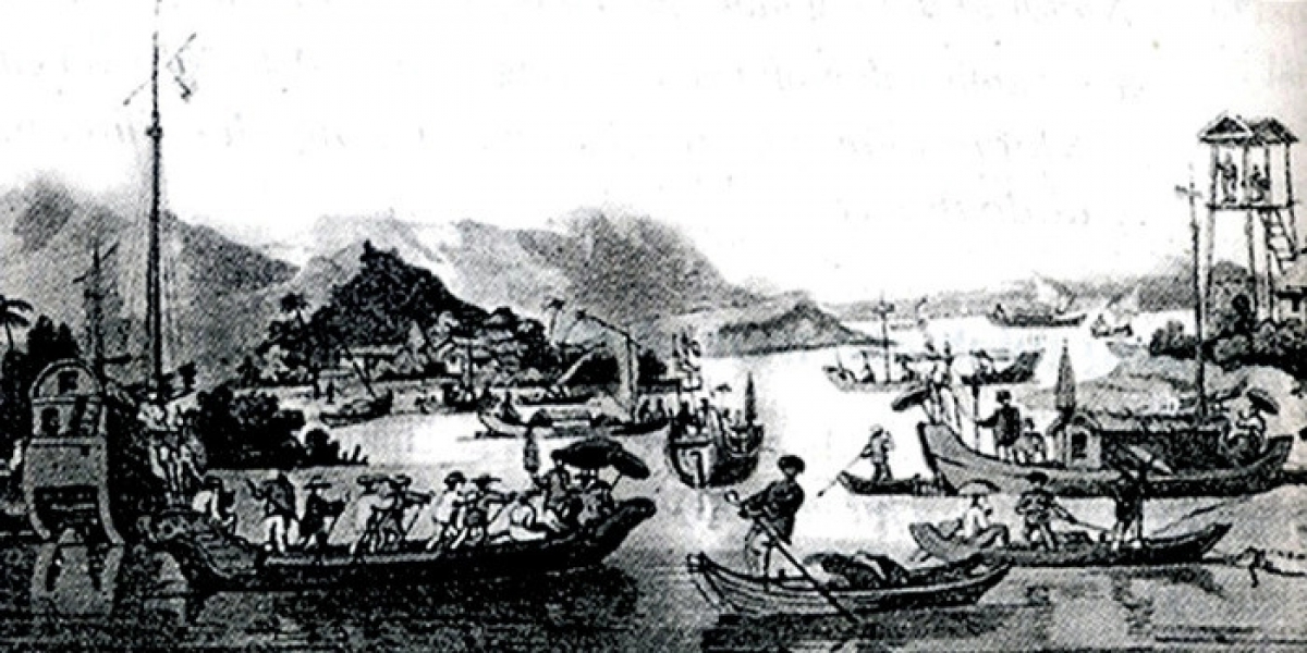 Tranh vẽ Bến Cái Làng - Trung tâm Thương cảng cổ Vân Đồn. Ảnh tư liệu tại Bảo tàng Quảng Ninh