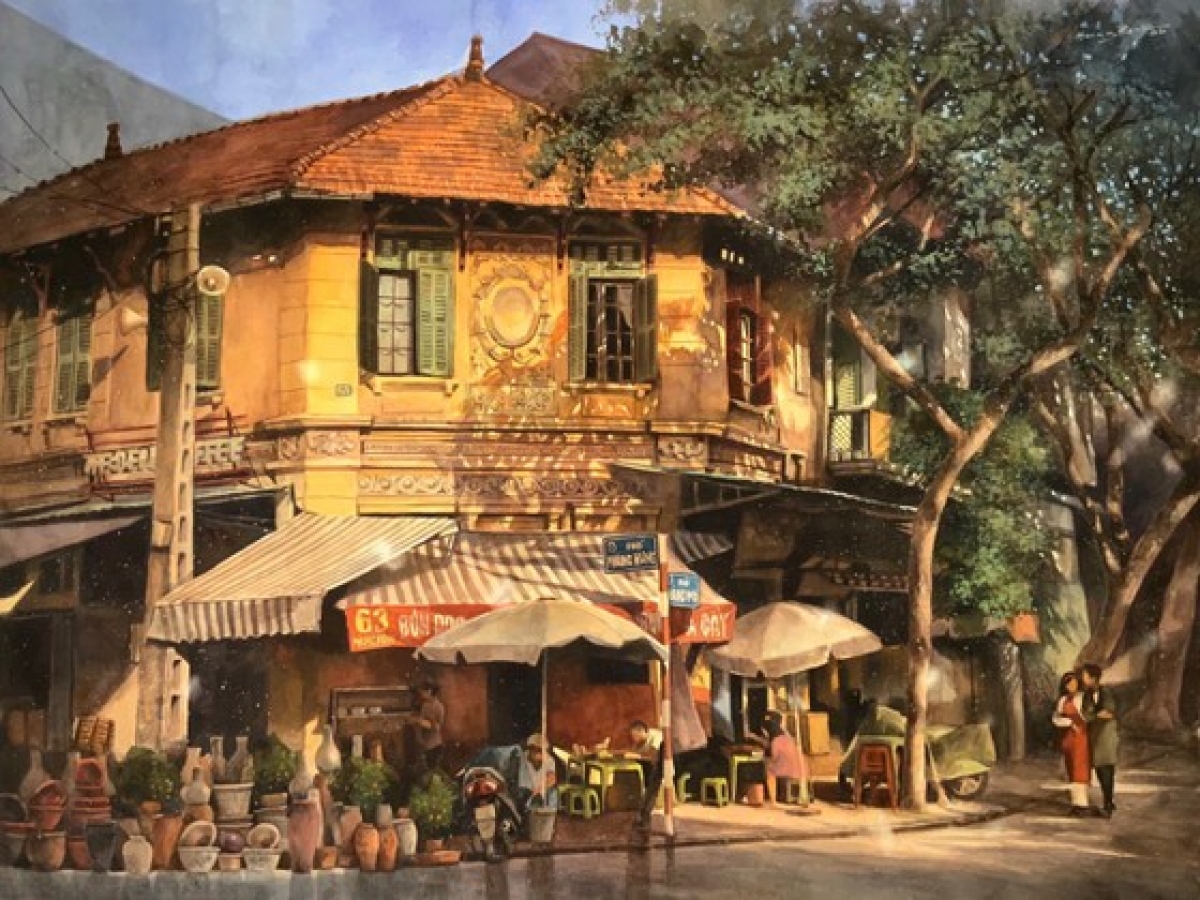Mỗi góc phố, mỗi ngôi nhà Hà Nội hiện lên lung linh, sống động qua nét vẽ của họa sĩ Hoàng Phong