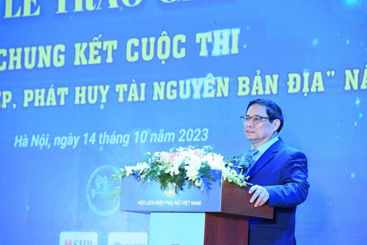 Thủ tướng Chính phủ Phạm Minh Chính phát biểu tại lễ trao giải chung kết toàn quốc cuộc thi phụ nữ khởi nghiêpnăm 2023.
