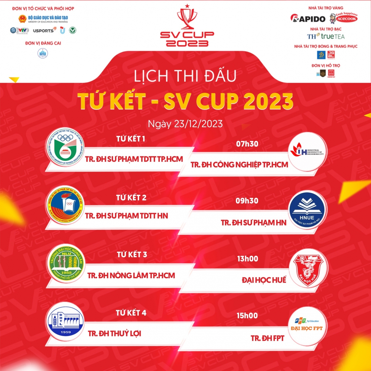 Các cặp đấu vòng tứ kết giải bóng đá Vô địch sinh viên toàn quốc SV Cup 2023