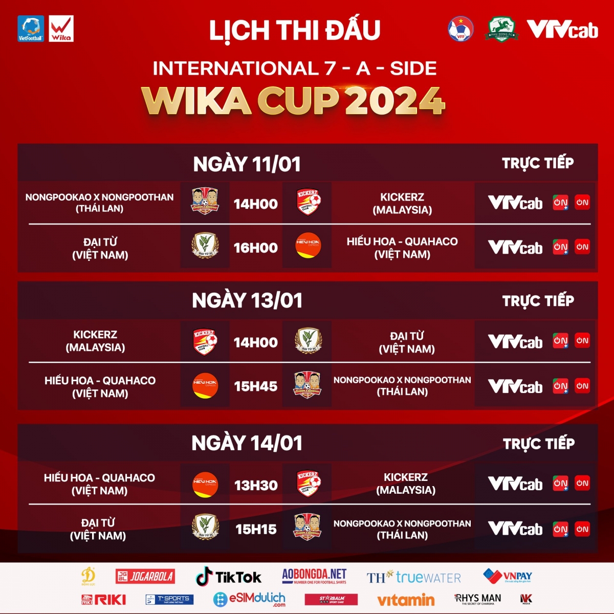 Lịch thi đấu giải bóng đá 7 người quốc tế Wika Cup 2024