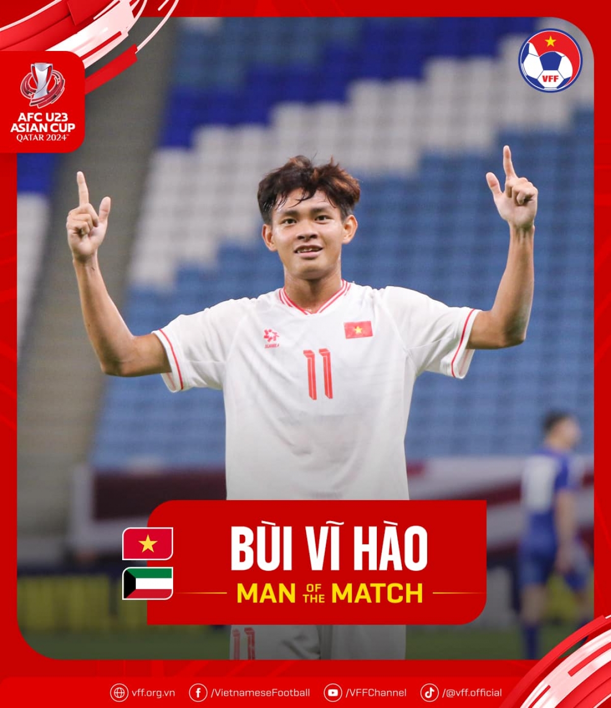 Vỹ Hào có ngày thi đấu chói sáng khi được tung vào từ đầu hiệp 2 trận đấu với U23 Kuwait