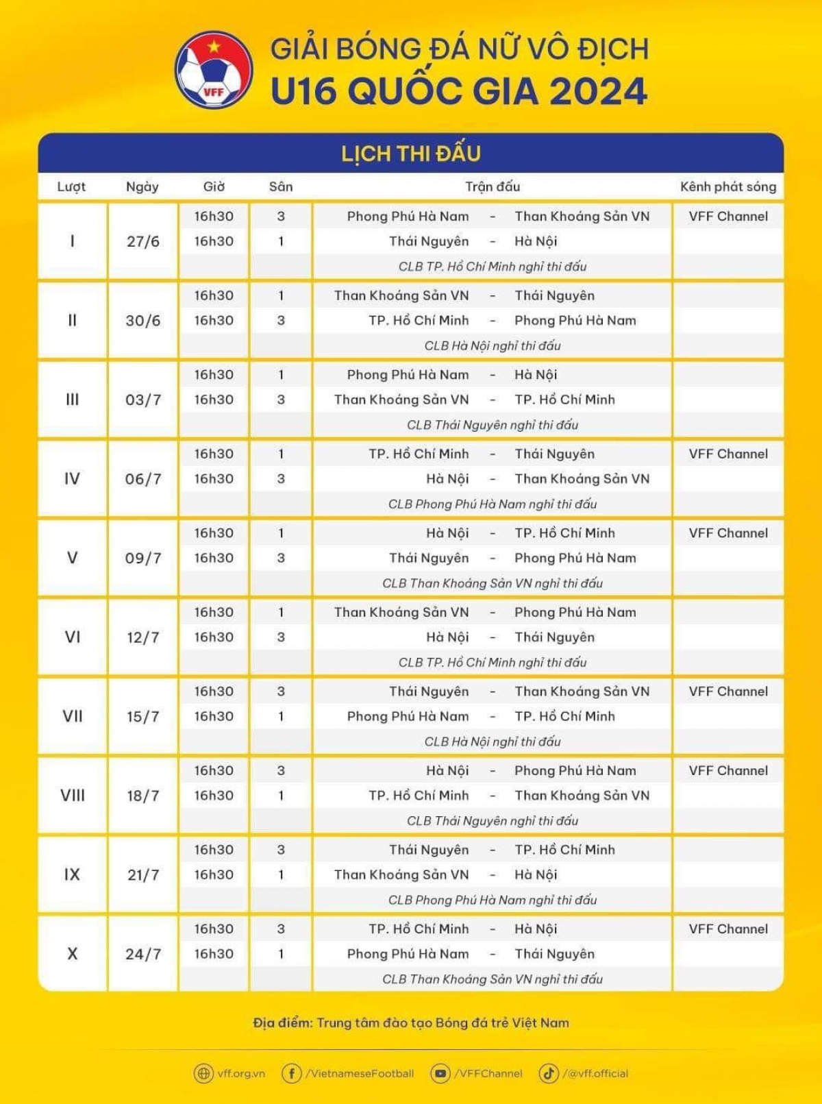 Lịch thi đấu Giải bóng đá nữ Vô địch U16 Quốc gia 2024 